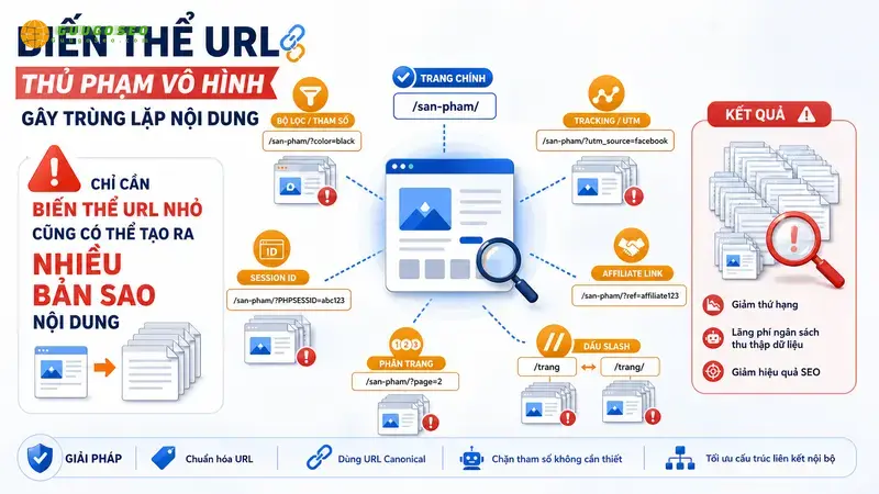 Duplicate Content là gì? Nguyên nhân và giải pháp xử lý triệt để 26 1. Biến thể URL – Thủ phạm 'vô hình', khó truy tìm nhất
