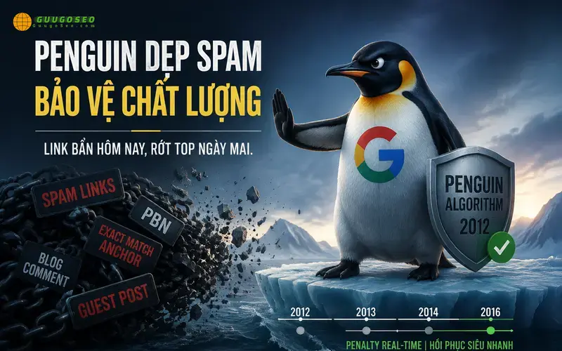 Nhìn lại Lịch sử thuật toán Google Search, sự ra đời của Penguin vào năm 2012 đánh dấu bước ngoặt lớn trong việc loại bỏ các thủ thuật thao túng bảng xếp hạng. Việc điểm lại các mốc thời gian phát triển của thuật toán này sẽ giúp bạn hiểu rõ cái giá phải trả cho việc đi link spam quá đà: